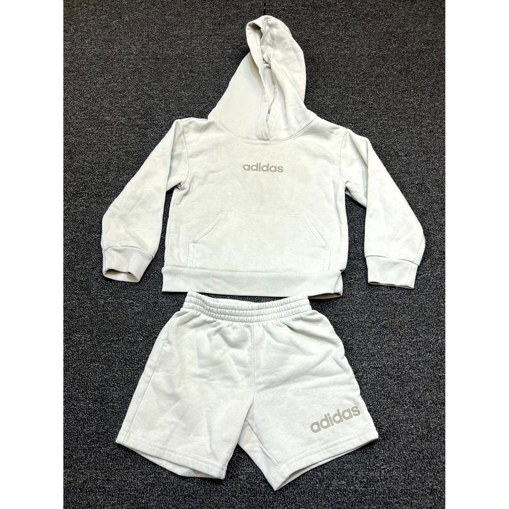 Adidas 2 Piece Set Baby 3T White Fleece Lined Kangaroo Pockets Shorts And Hoodie